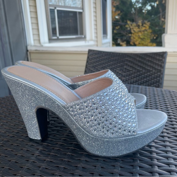 Silver Glitter Rhinestone Block Heeled Sandals Size 40 - Picture 5 of 11